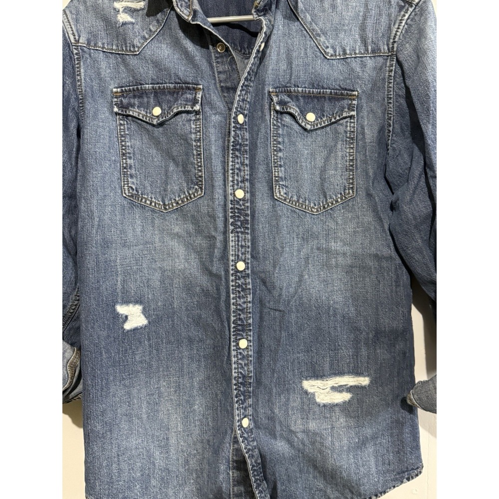 Jack & Jones Men's‎ Jean Distressed Button Down With Pearl Snaps Size S
